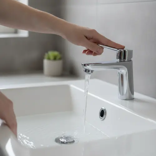 Mani che sciacquano un costume da bagno sotto acqua corrente fredda dopo il nuoto