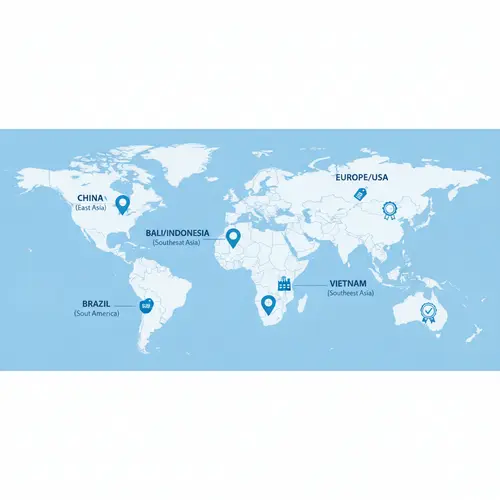 Mapa mundial que muestra cinco regiones de fabricación de trajes de baño: China, Bali/Indonesia, Brasil, Vietnam, Europa y EE. UU.