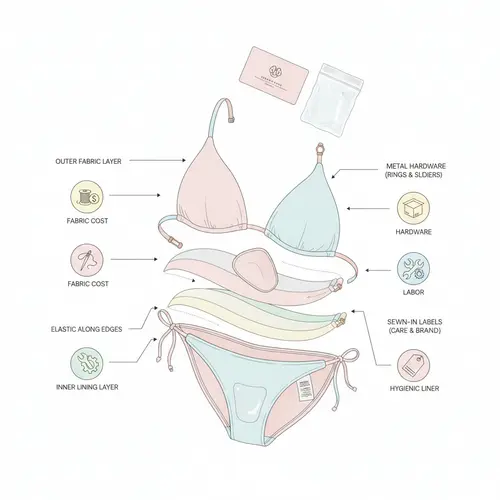 Ilustración despiezada de un conjunto de bikini que muestra los componentes del costo: tejido exterior, forro, elástico, copas, herrajes, etiquetas, empaques y logística