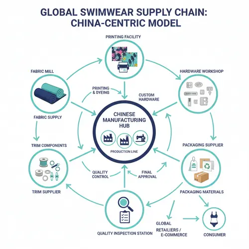 Diagrama del ecosistema de la cadena de suministro que muestra una fábrica china de trajes de baño conectada a fábricas de tejidos, proveedores de adornos, instalaciones de impresión, talleres de herrajes y proveedores de empaques