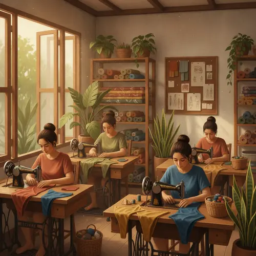 Interior de un taller de trajes de baño balinés con artesanos cosiendo, rollos de tela en estanterías, plantas tropicales y muebles de madera natural