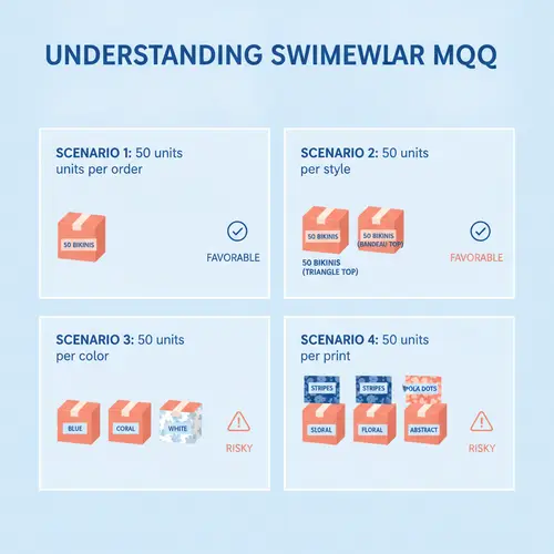 Infografía que compara cuatro escenarios de MOQ: por pedido, por estilo, por color y por estampado, mostrando cómo el mismo número puede significar cantidades mínimas muy diferentes