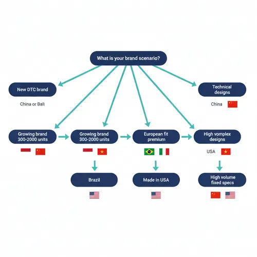 Diagrama de flujo de decisión que relaciona escenarios de marcas de trajes de baño con ubicaciones de fabricación recomendadas, incluyendo China, Bali, Brasil, Vietnam, Europa y EE. UU.