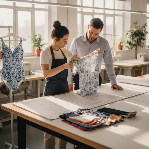 Um modelista e uma designer de moda praia colaborando sobre amostras de tecido, equipamentos de teste de elasticidade e papel de molde em um espaço de trabalho de fábrica moderno.