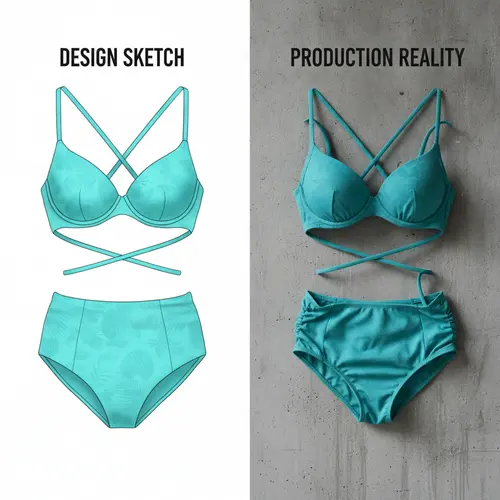 Confronto affiancato di uno schizzo di moda perfetto per un bikini e un campione di produzione che mostra problemi di vestibilità, illustrando il contrasto tra la realtà del design e quella della produzione
