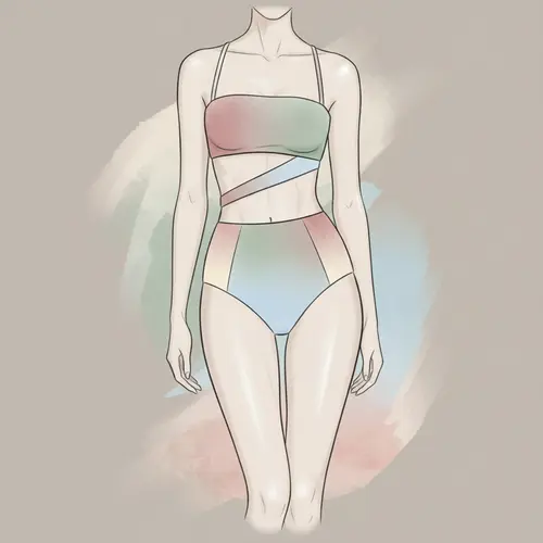 Schizzo di moda digitale di un concetto di bikini moderno con proporzioni eleganti e silhouette slanciata come presentato dal cliente