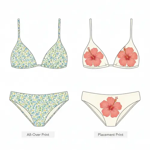 Direkter Vergleich eines All-Over-Print-Bikinis (wiederholendes Muster) und eines Platzierungsdruck-Bikinis (einzelnes, zentriertes Blumendesign)