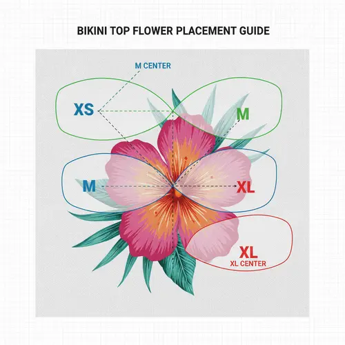 Diagramm, das zeigt, wie Bikini-Oberteil-Schnittteile in den Größen XS, M und XL unterschiedlich auf einem platzierungsbedruckten Stoff positioniert werden müssen, um das Blumendesign zentriert zu halten