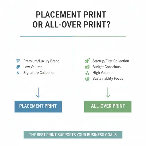 Entscheidungsflussdiagramm, das den Vergleich zwischen der Wahl von Platzierungsdrucken und Allover-Prints basierend auf Markentyp, Budget, Volumen und Nachhaltigkeitszielen zeigt