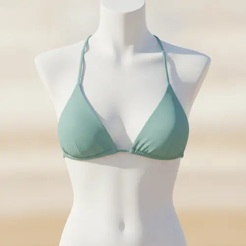 Illustration eines klassischen Triangel-Bikini-Oberteils mit zwei dreieckigen Cups und schlanken, verstellbaren Nacken- und Rückenbändern.