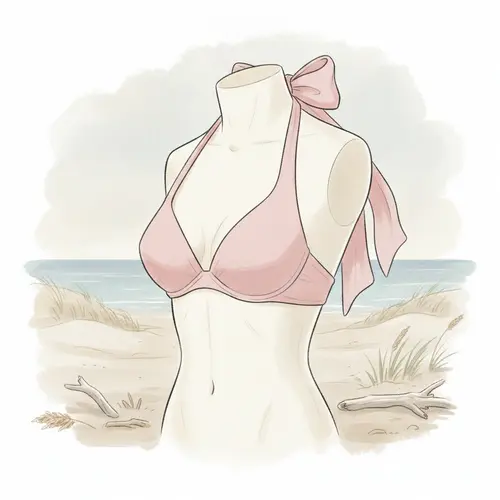 Illustration eines Neckholder-Bikini-Oberteils mit Riemen, die im Nacken gebunden werden und den charakteristischen Trägerverlauf zeigen.