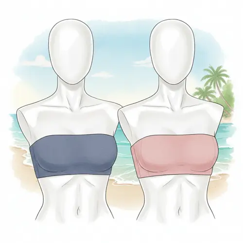 Illustration eines trägerlosen Bandeau-Bikini-Oberteils, das ein horizontales Band über der Brust bildet, mit klaren Schulterlinien.