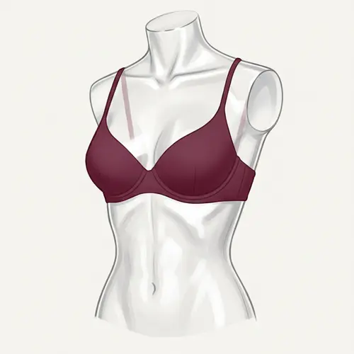 Illustration eines Bügel-Bikini-Oberteils mit strukturierten Cups, Bügelstütze und verstellbaren Trägern.