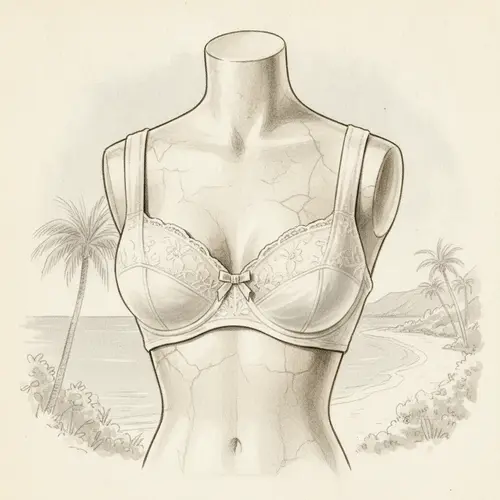 Illustration eines Balconette-Bikini-Oberteils mit tiefer geschnittenen Cups, weit auseinanderliegenden Trägern und einer angehobenen, abgerundeten Silhouette.