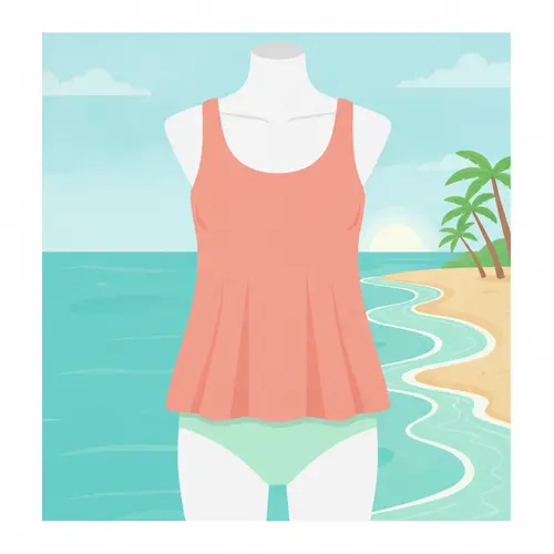 Illustration eines Tankini-Oberteils, das eine erweiterte Bedeckung des Mittelkörpers mit einer Tanktop-ähnlichen Silhouette zeigt, kombiniert mit separaten Unterteilen.