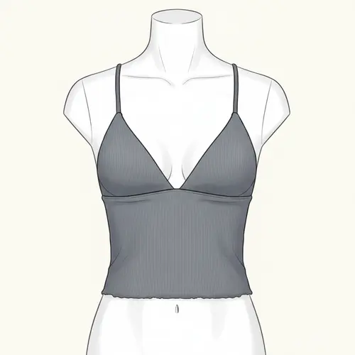 Illustration eines Longline-Bikini-Oberteils mit einem verlängerten Unterbrustband, das eine bauchfreie Top-inspirierte Silhouette schafft.
