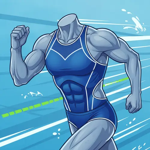 Illustration eines sportlichen High-Neck-Bikini-Oberteils mit höherem Ausschnitt und athletischer, stützender Silhouette.