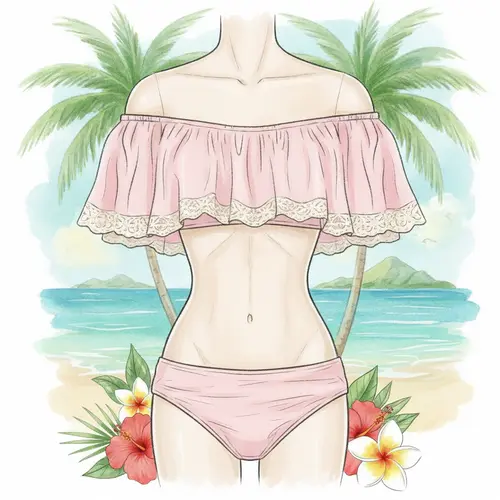 Illustration eines Off-Shoulder-Bikini-Oberteils, bei dem beide Schultern freiliegen und das romantische Rüschendetails aufweist.