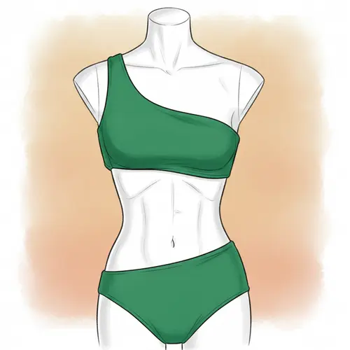 Illustration eines One-Shoulder-Bikini-Oberteils mit einem einzelnen asymmetrischen Träger, der eine moderne Silhouette schafft.