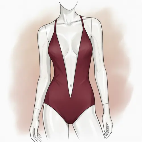 Illustration eines Plunge-Bikini-Oberteils mit einem tiefen V-förmigen Ausschnitt, der deutlich nach unten verläuft.