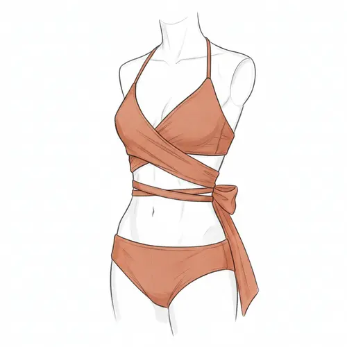 Illustration eines Wickel-Bikini-Oberteils, bei dem sich die Vorderteile kreuzen und um den Oberkörper wickeln, für eine verstellbare Passform.