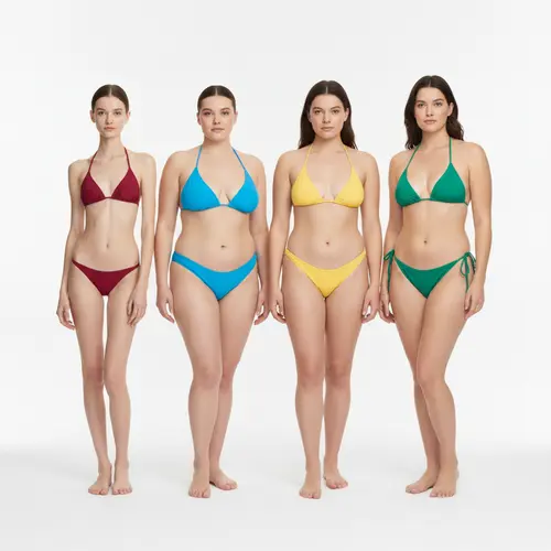 Four women with different body types wearing their recommended micro bikini styles