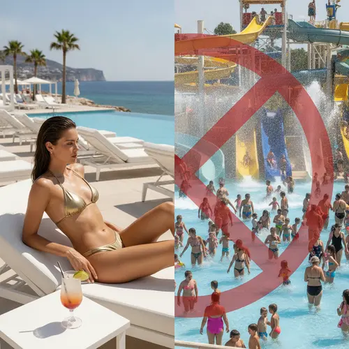 Comparison of appropriate beach club setting versus inappropriate family water park for micro swimwear