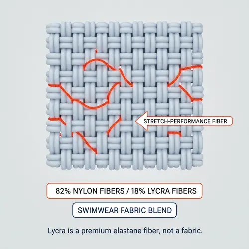 Diagramm, das die Mischung aus Nylon- und Lycra-Fasern in Bademodenstoff zeigt, wobei Lycra als Hochleistungsfaserkomponente hervorgehoben wird