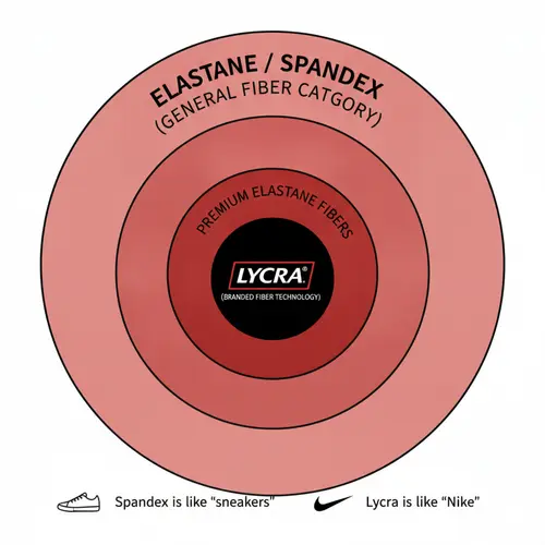 Hierarchiediagramm, das LYCRA als eine gebrandete Premium-Version innerhalb der Spandex-/Elastanfaser-Kategorie zeigt