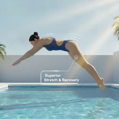 Frau in Stretch-Badeanzug beim Tauchen oder Schwimmen, was veranschaulicht, warum Lycras Dehnung und Rückstellung für die Performance von Bademode unerlässlich ist