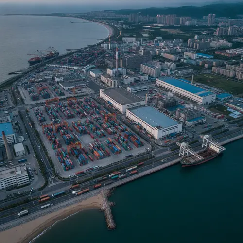 성징시 산업단지 조감도. 밀집된 수영복 공장, 물류 인프라, 해안 운송 경로와의 근접성을 보여줍니다.