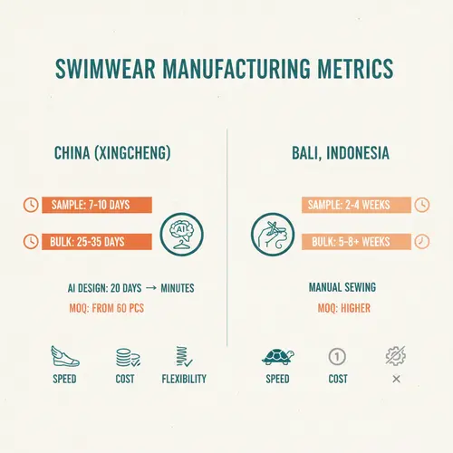 Tabella comparativa della produzione di costumi da bagno in Cina vs Bali che copre tempi di consegna, MOQ, scalabilità e tecnologia.