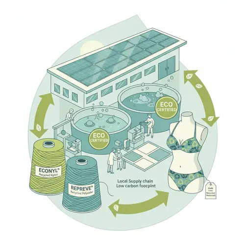 Illustrazione della produzione sostenibile di costumi da bagno in Cina con tessuti riciclati, impianti a energia solare e tintura a basso impatto.