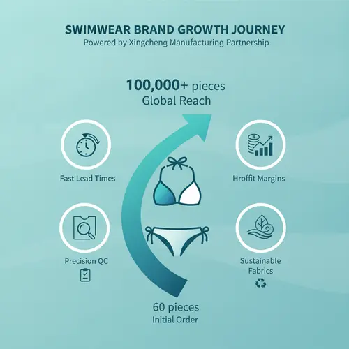 Infografica riassuntiva che illustra come la collaborazione con un produttore di costumi da bagno di Xingcheng favorisce la crescita scalabile e redditizia del marchio.