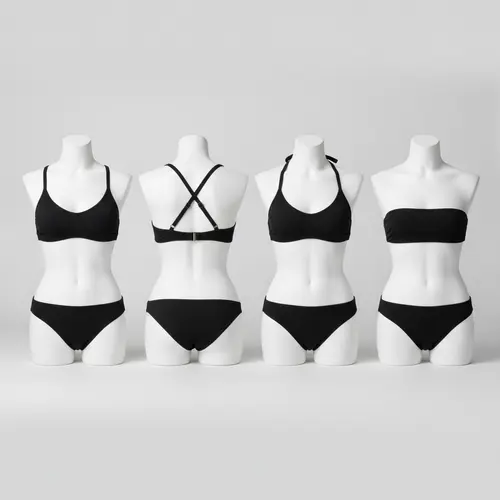 Le même haut de bikini modulaire présenté dans des configurations de bretelles droites, croisées, halter et sans bretelles.