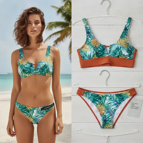 Un bikini réversible affiché avec un imprimé tropical d'un côté et une couleur unie coordonnée de l'autre.