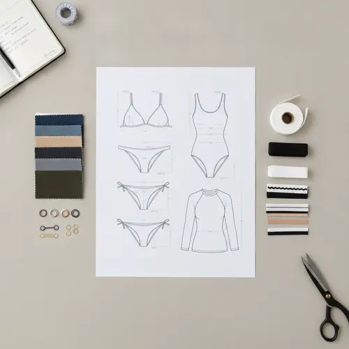 Croquis techniques à plat de silhouettes de trajes de baño de base arrangées comme une bibliothèque réutilisable avec des échantillons de tissus et de garnitures.