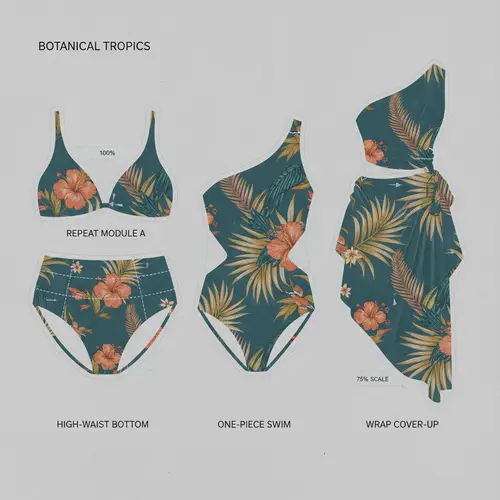 Un imprimé botanique appliqué sur un haut de bikini, un bas, un bañador de una pieza et un cache-maillot, avec un placement adapté à chaque silhouette.