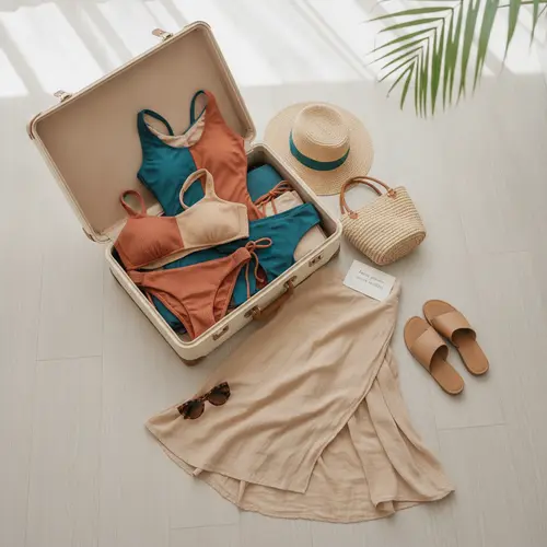 Une garde-robe de trajes de baño modulaire coordonnée rangée dans une valise, montrant comment quelques pièces créent de nombreuses tenues de voyage.