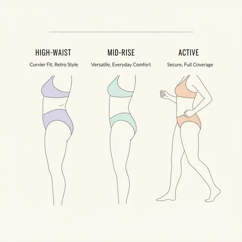 Comparaison des silhouettes de bas de bikini taille haute, taille mi-haute et avec bande de taille pleine et continue.