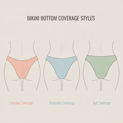 Vues arrière à plat comparatives de bas de bikini à couvrance échancrée, modérée et totale.