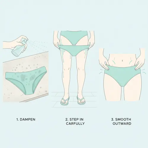 Illustration étape par étape de l'humidification du maillot, de l'enfilage et du lissage du tissu vers l'extérieur.