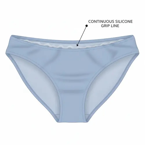 Bande de taille de bikini retournée montrant une fine bande de silicone antidérapante pour un maintien temporaire.