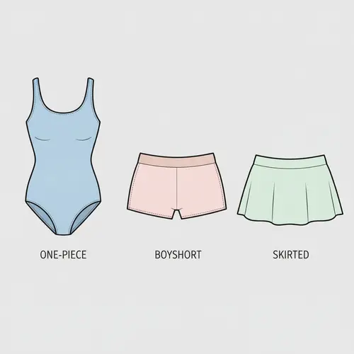 Comparaison à plat des styles alternatifs : maillot de bain une pièce, shorty et bas jupette.
