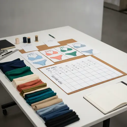 Swimwear production planning table with a size-matrix chart, silhouette sketches, and fabric swatches in different performance materials.