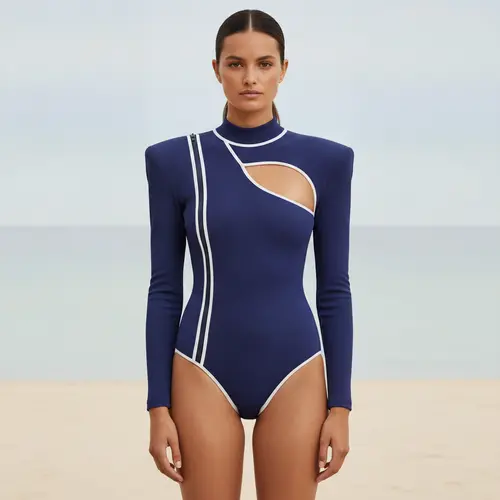 Bañador de cuello alto y hombro alto tipo tank con ribetes contrastantes y estilo deportivo-resort