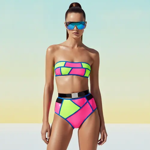 Bikini neón eléctrico con ribetes contrastantes y color block equilibrado