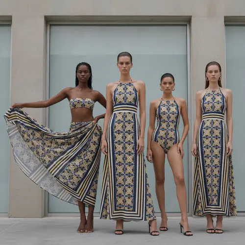 Trajes de baño con estampado geométrico coordinados en un bikini, un bañador de una pieza y una cubierta