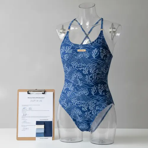Muestra final aprobada de traje de baño con intención de producción con especificación y registro de aprobación