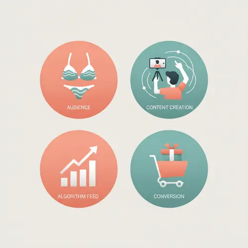 Ilustração infográfica plana mostrando quatro ícones para público, algoritmo, produção de conteúdo e conversão como as principais diferenças de ROI no marketing de swimwear.